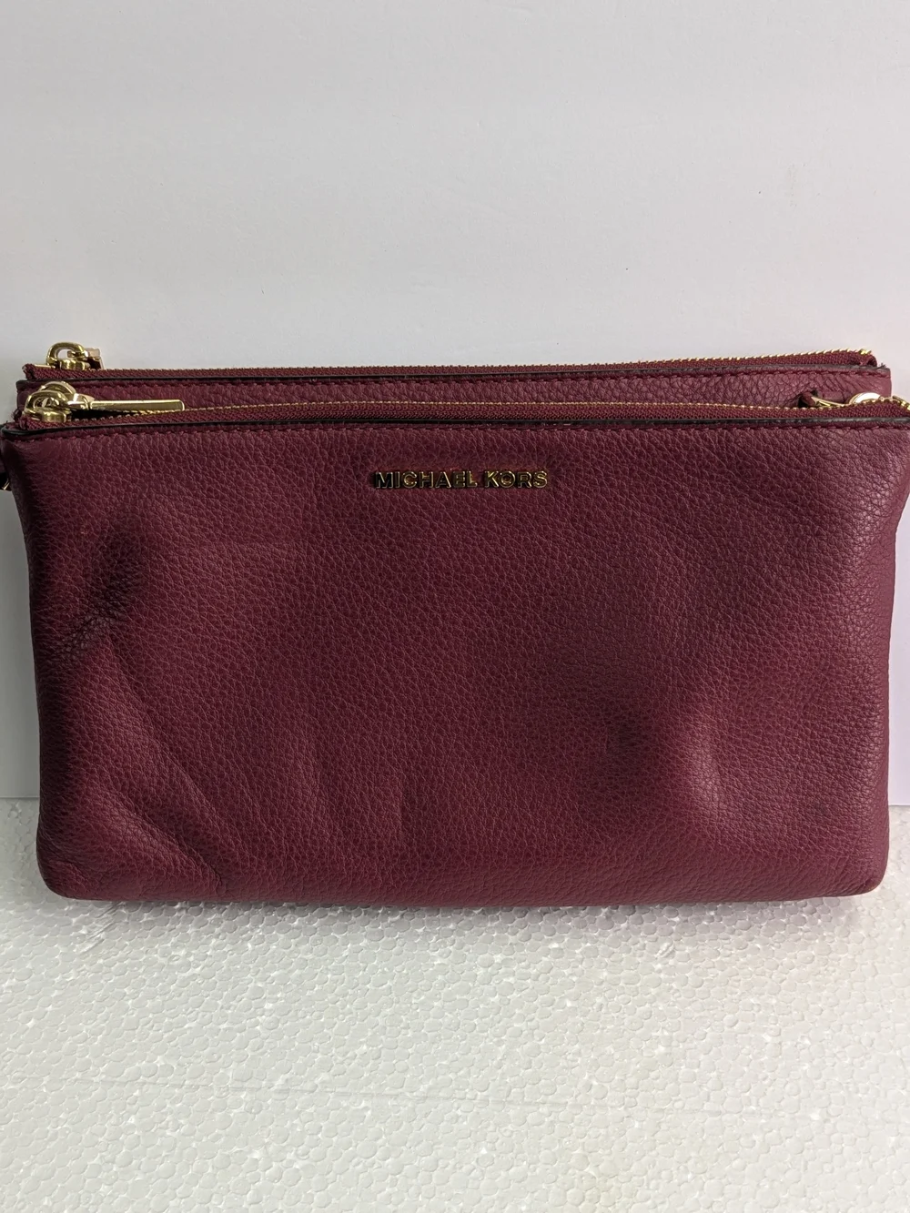 Michael Kors Burgundy Pebbled Leather Crossbody Double Zip Wristlet Clutch Gold